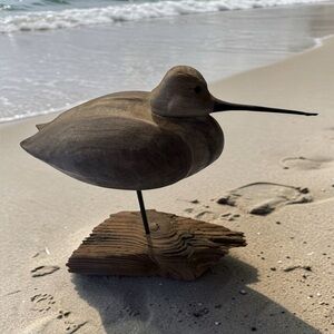 Handcarved Wooden Shorebird Sculpture - Natural Brown and Gray
